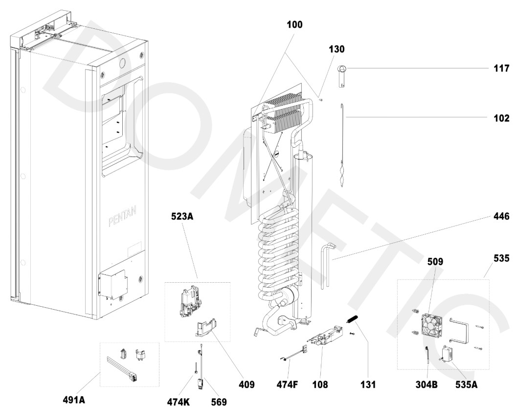 Vue éclatée partie arrière et chauffe du frigo trimixte RML10.4G DOMETIC